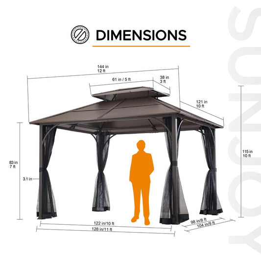 SUNJOY 12x16 Hard Top Gazebo with Steel Roof, Ceiling Hook, and Netting - Black