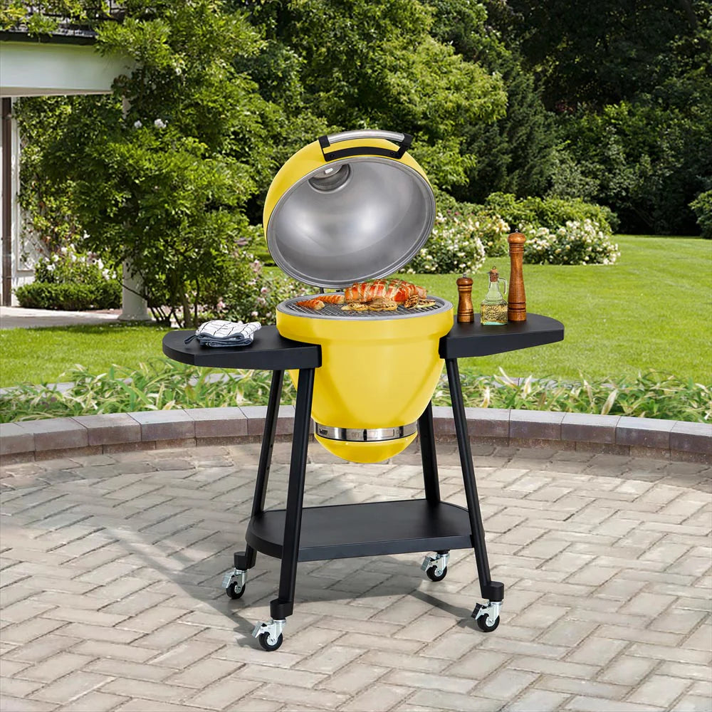 SUNJOY 20 Inch Charcoal Grill, Kamado Grill with Pizza Stone, Ultimate Egg BBQ Grill and Smoker with Wheels - Gray Yellow