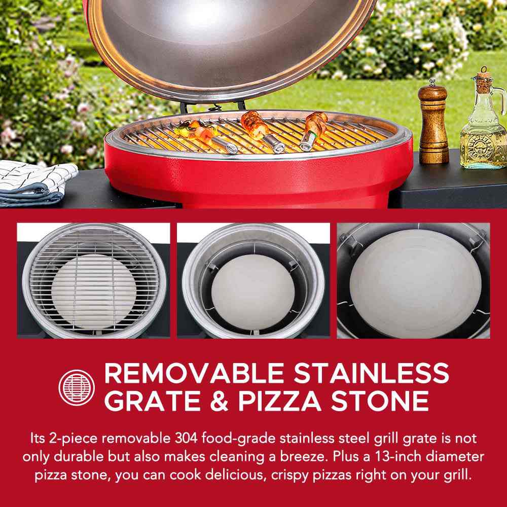 SUNJOY 20 Inch Charcoal Grill, Kamado Grill with Pizza Stone, Ultimate Egg BBQ Grill and Smoker with Wheels - Gray