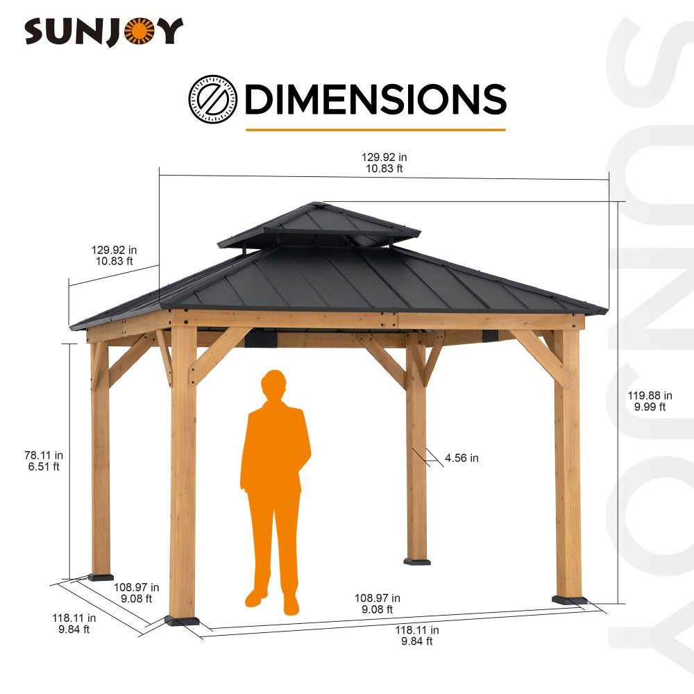 SUNJOY 11x11 Wooden Frame Backyard Hardtop Gazebo with Ceiling Hook - Standard Warm Cedar