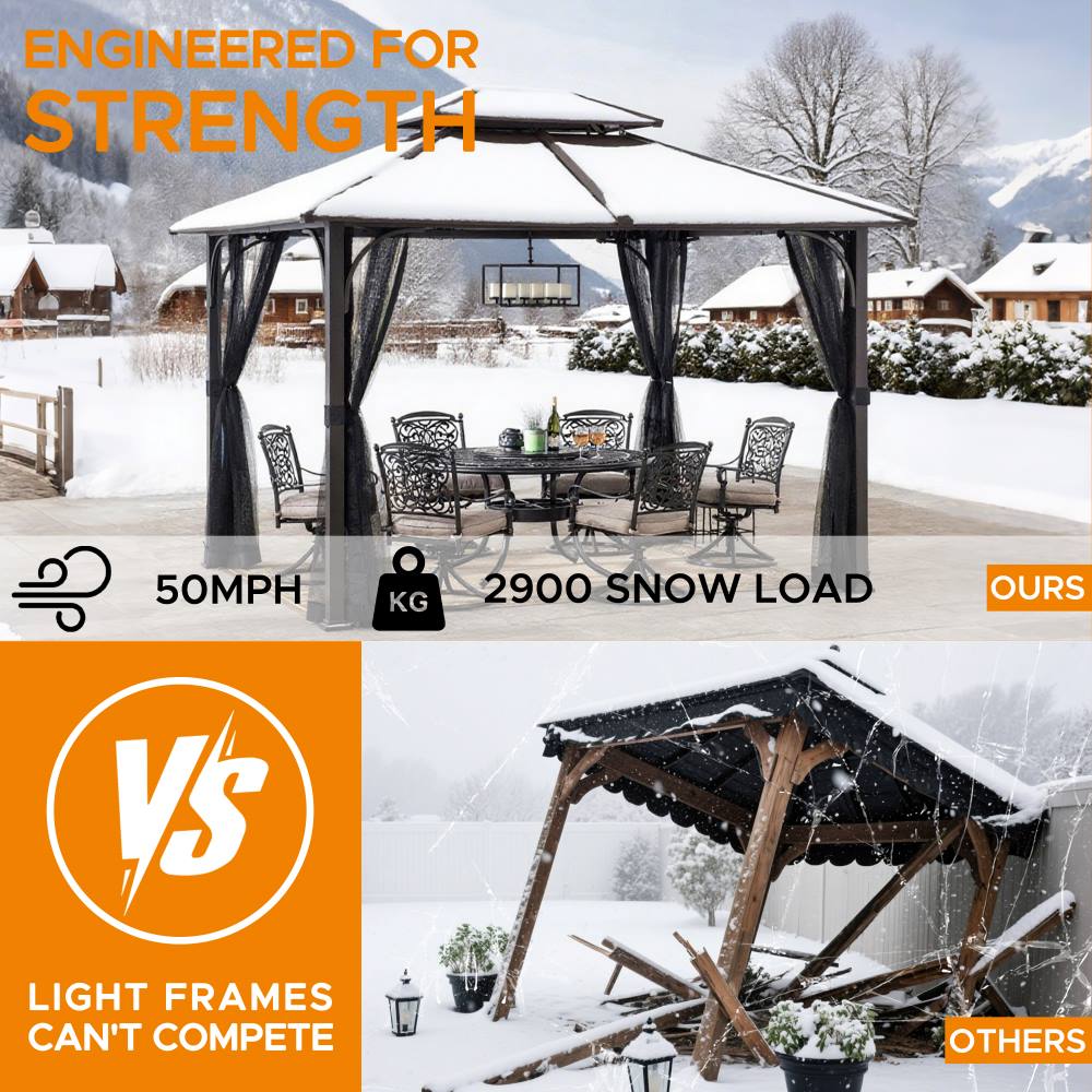 SUNJOY 12x16 Hard Top Gazebo with Steel Roof, Ceiling Hook, and Netting - Black