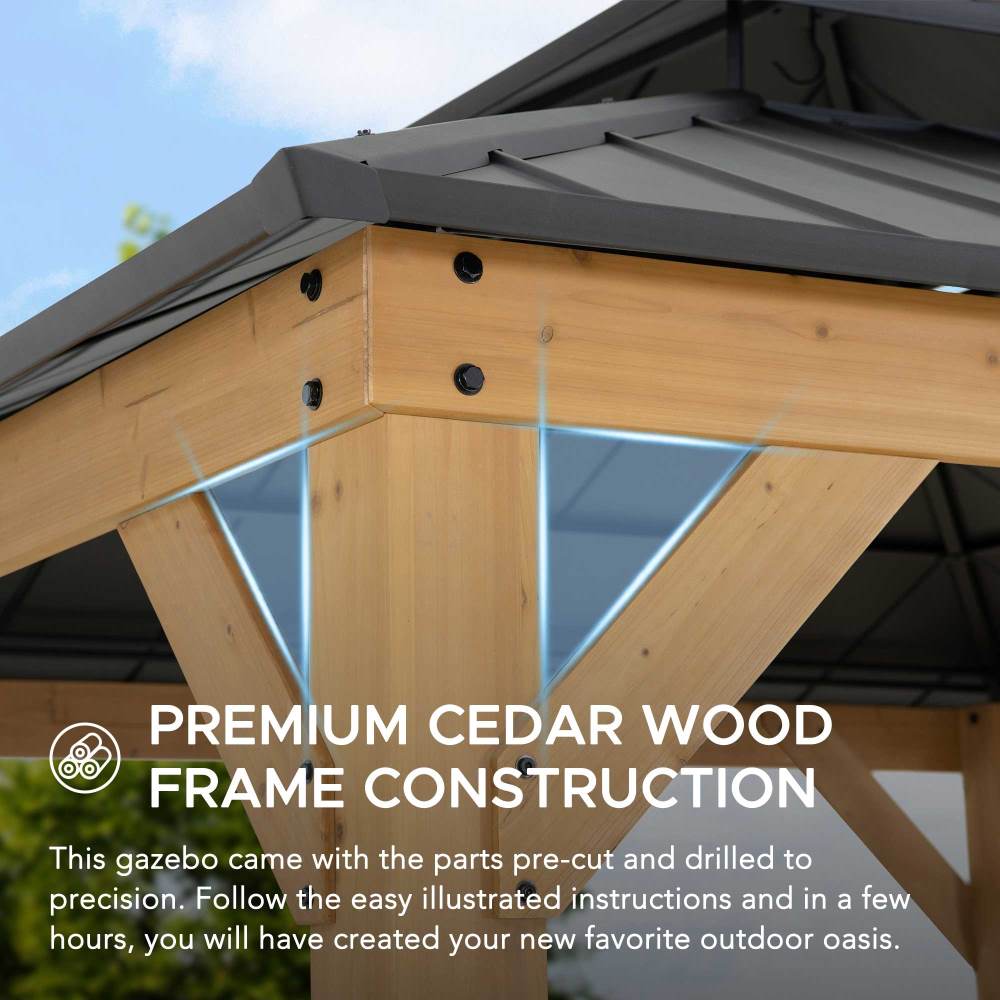 SUNJOY 11x11 Wooden Frame Backyard Hardtop Gazebo with Ceiling Hook - Standard Warm Cedar