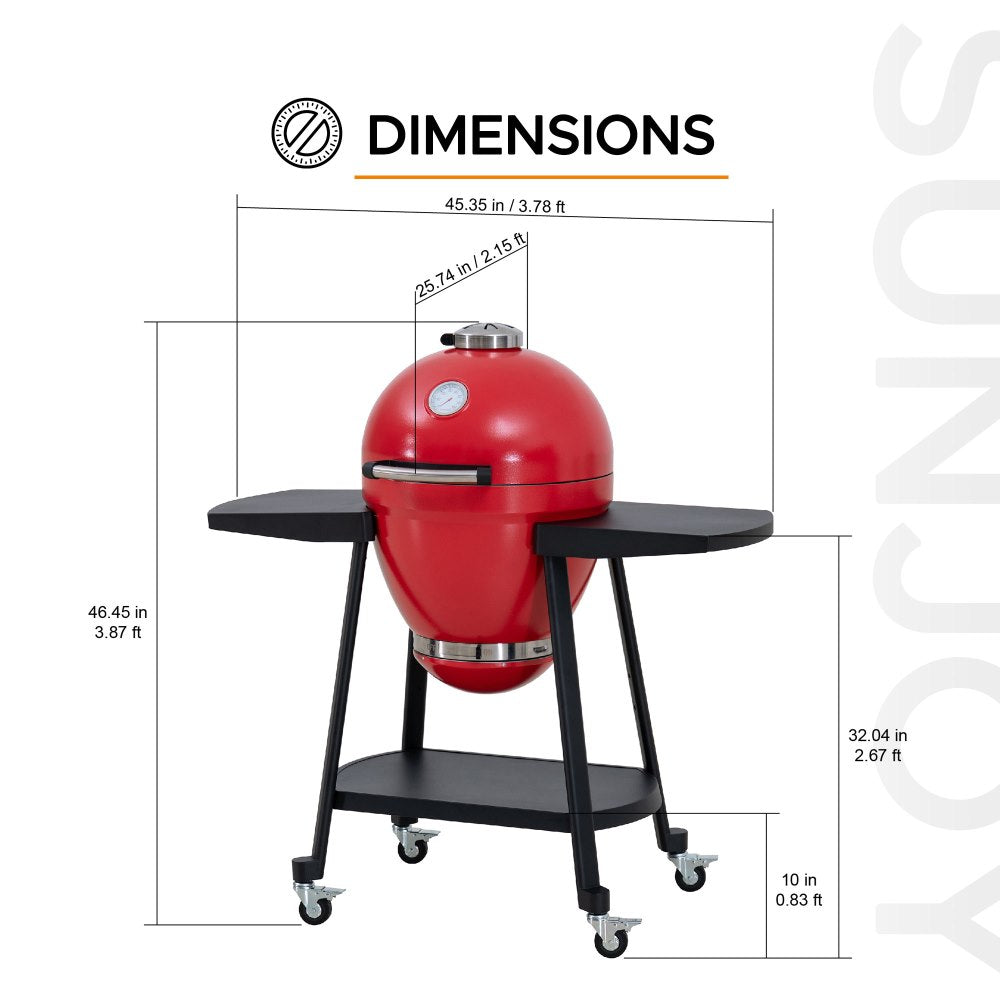 SUNJOY 20 Inch Charcoal Grill, Kamado Grill with Pizza Stone, Ultimate Egg BBQ Grill and Smoker with Wheels - Gray