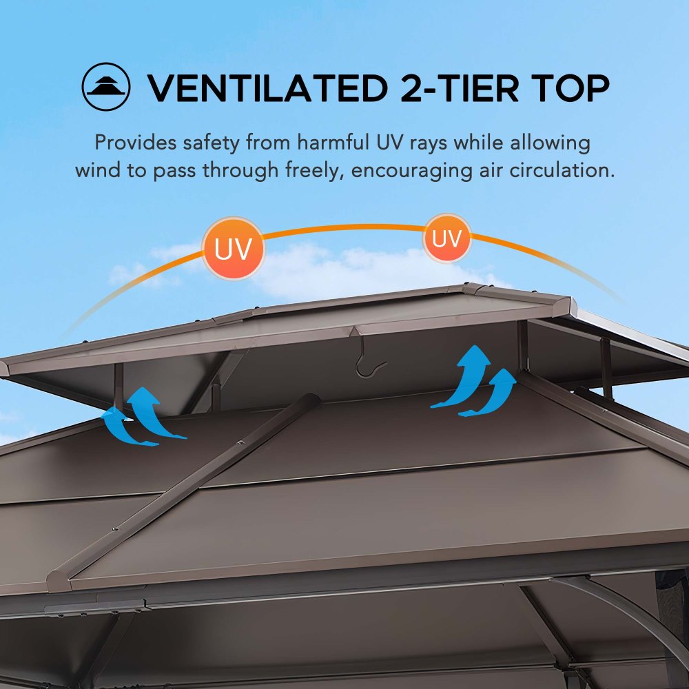 SUNJOY 12x16 Hard Top Gazebo with Steel Roof, Ceiling Hook, and Netting - Black