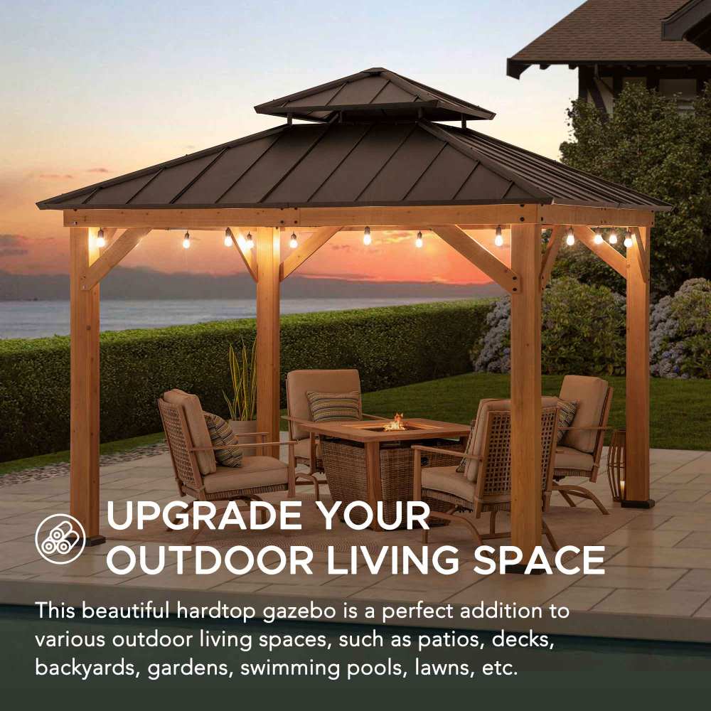SUNJOY 11x11 Wooden Frame Backyard Hardtop Gazebo with Ceiling Hook - Standard Warm Cedar