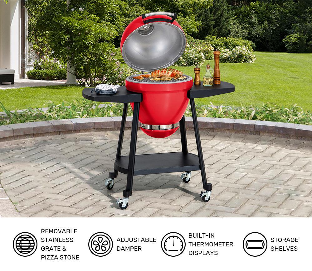 SUNJOY 20 Inch Charcoal Grill, Kamado Grill with Pizza Stone, Ultimate Egg BBQ Grill and Smoker with Wheels - Gray