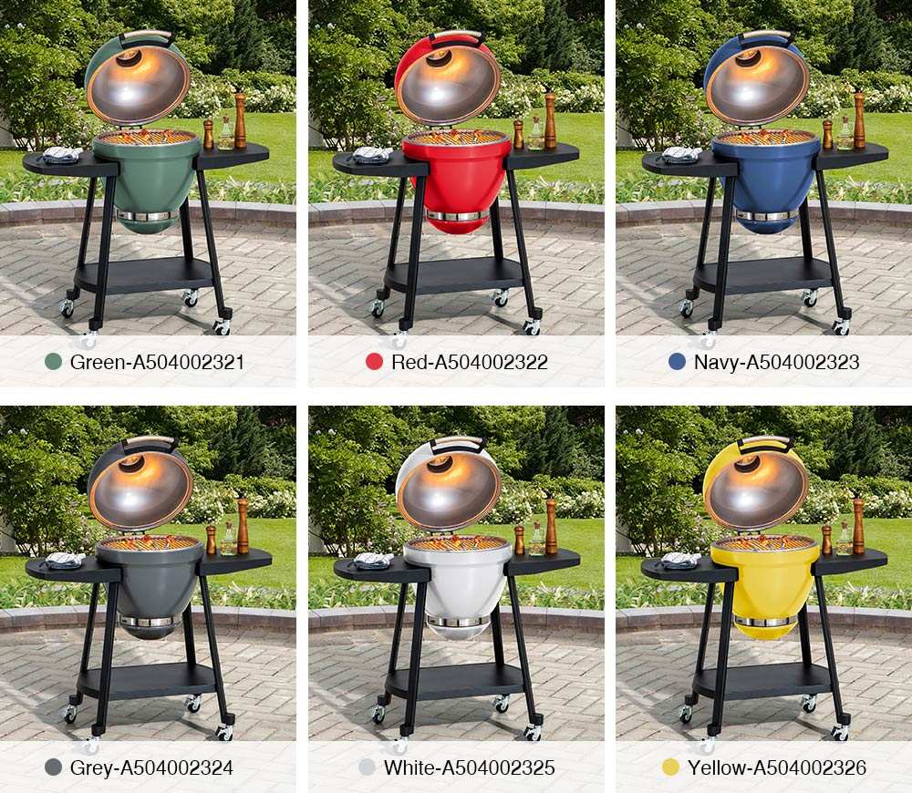 SUNJOY 20 Inch Charcoal Grill, Kamado Grill with Pizza Stone, Ultimate Egg BBQ Grill and Smoker with Wheels - Gray