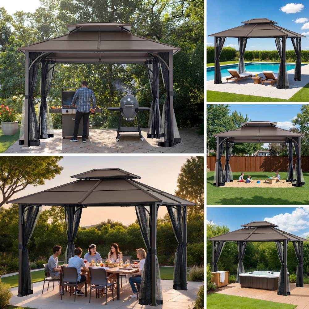 SUNJOY 12x16 Hard Top Gazebo with Steel Roof, Ceiling Hook, and Netting - Black
