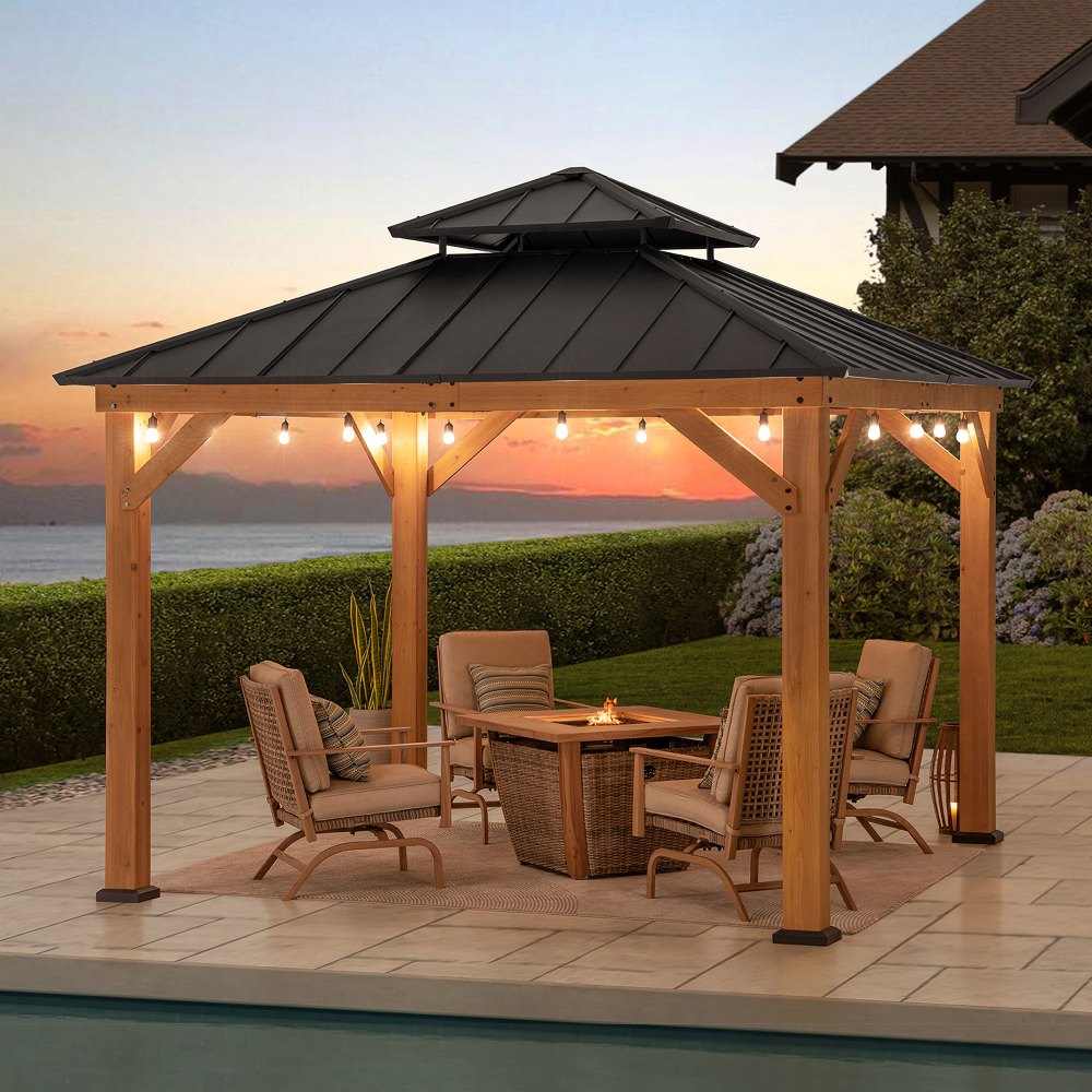SUNJOY 11x11 Wooden Frame Backyard Hardtop Gazebo with Ceiling Hook - Standard Warm Cedar