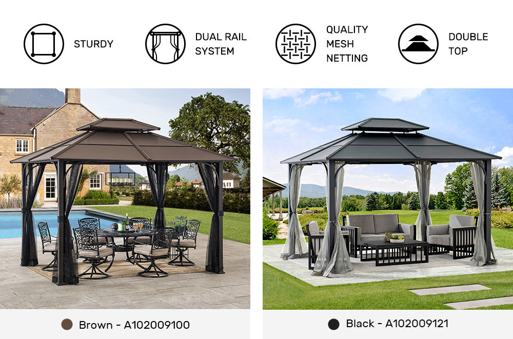 SUNJOY 12x16 Hard Top Gazebo with Steel Roof, Ceiling Hook, and Netting - Black