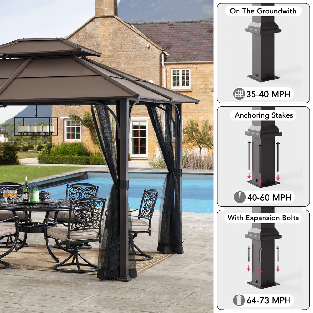 SUNJOY 12x16 Hard Top Gazebo with Steel Roof, Ceiling Hook, and Netting - Black