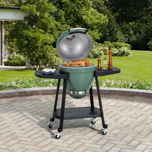 SUNJOY 20 Inch Charcoal Grill, Kamado Grill with Pizza Stone, Ultimate Egg BBQ Grill and Smoker with Wheels - Gray