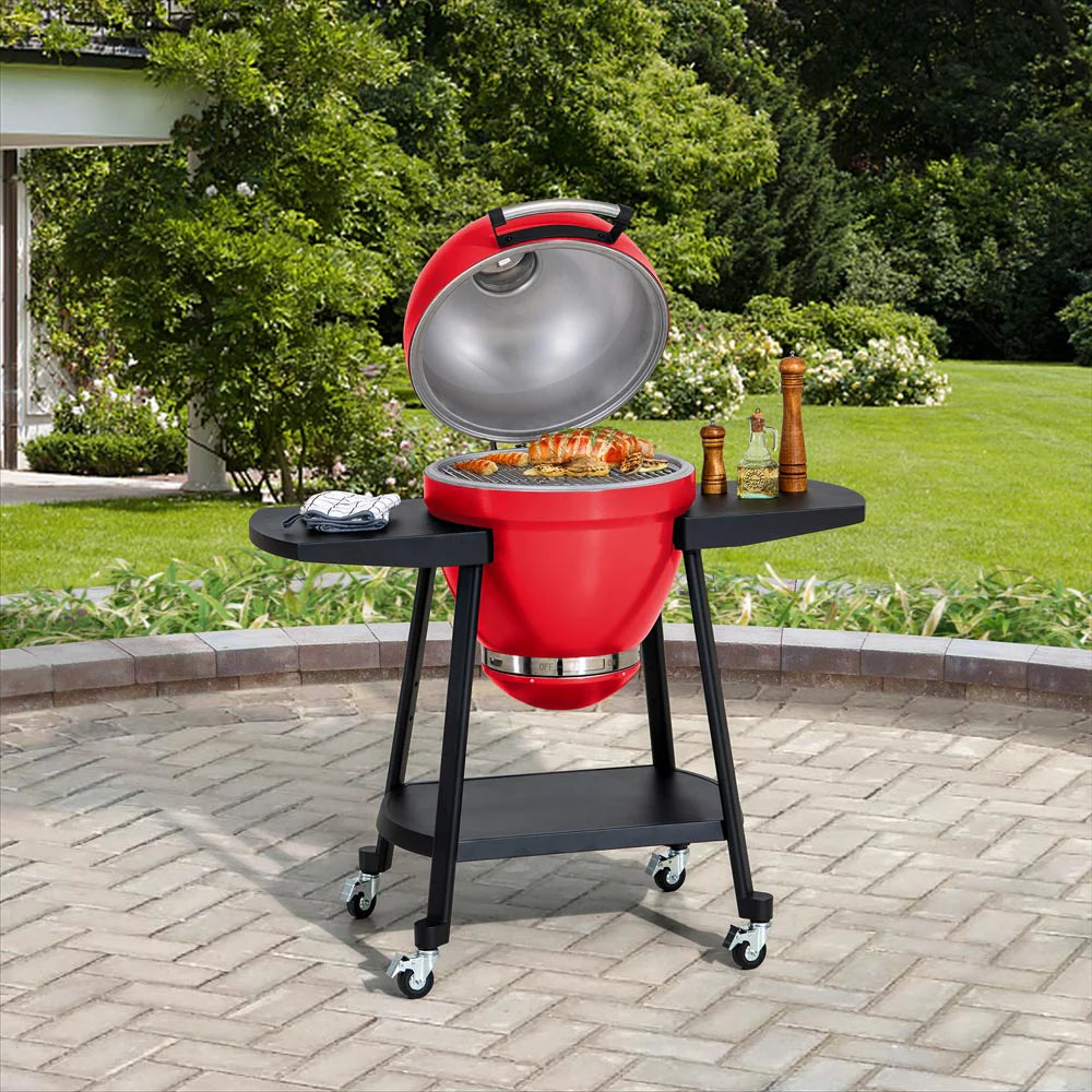 SUNJOY 20 Inch Charcoal Grill, Kamado Grill with Pizza Stone, Ultimate Egg BBQ Grill and Smoker with Wheels - Gray Red
