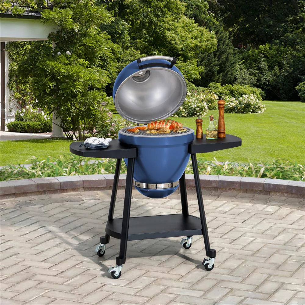 SUNJOY 20 Inch Charcoal Grill, Kamado Grill with Pizza Stone, Ultimate Egg BBQ Grill and Smoker with Wheels - Gray Blue
