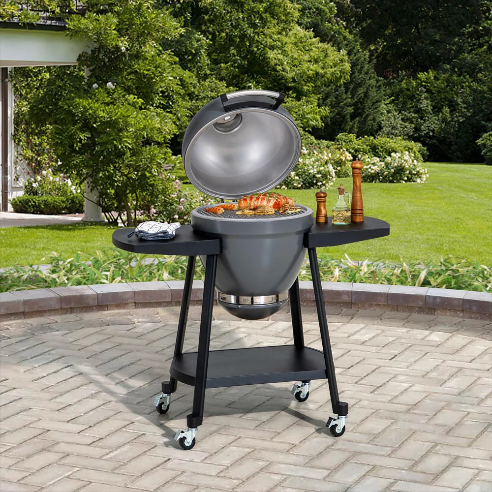SUNJOY 20 Inch Charcoal Grill, Kamado Grill with Pizza Stone, Ultimate Egg BBQ Grill and Smoker with Wheels - Gray Gray