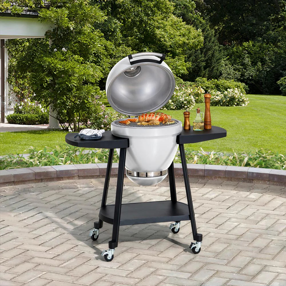 SUNJOY 20 Inch Charcoal Grill, Kamado Grill with Pizza Stone, Ultimate Egg BBQ Grill and Smoker with Wheels - Gray White