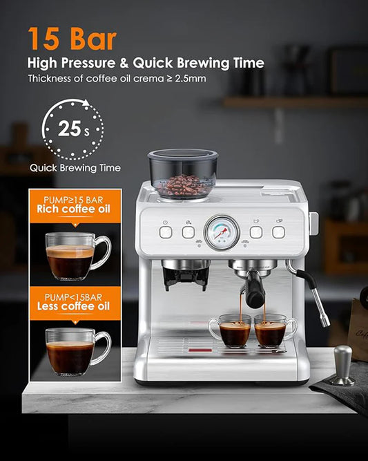 Semi-Automatic Espresso Machine with Built-in Grinder and Steam Wand